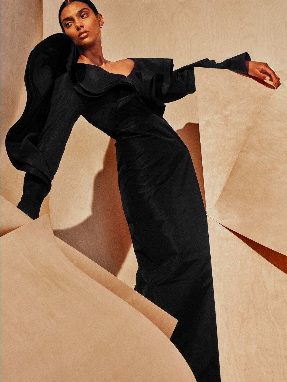 Palmer Harding shine black taffeta 2024 Elegant Ruffle-Detail Evening Dress